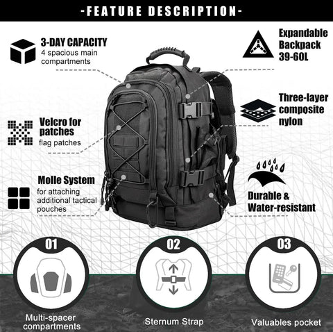 Features of Heavy Duty Tactical Backpack For Men Waterproof Military Style Daypack With MOLLE System, 3 Day Pack, Black