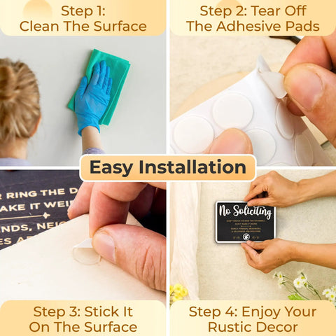 Easy installation steps for No Soliciting Sign For Home And Office Do Not Knock Or Ring Doorbell Sign For Front Door Hanging Wooden Sign.
