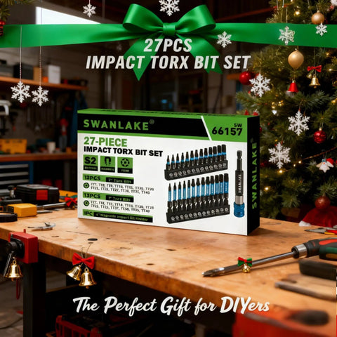 Heavy Duty Impact Torx Bit Set 27-Piece with 1 in and 2 in bits, magnetic driver, S2 steel, displayed in workshop with holiday decor.
