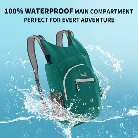 Fully Waterproof Hiking Backpack With 25L Capacity, Lightweight Packable Travel Daypack in Teal, shown submerged in water.