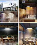 Four scenes showing Solar Pendant Lights Outdoor Indoor 3 Color Dimmable With Remote Control, IP65 Waterproof Gazebo Lighting.