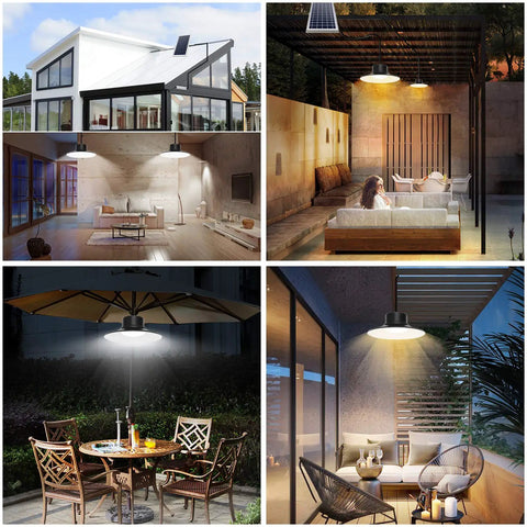 Four scenes showing Solar Pendant Lights Outdoor Indoor 3 Color Dimmable With Remote Control, IP65 Waterproof Gazebo Lighting.