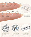 18G Titanium Nose Studs And Rings For Women And Men Includes L Shape And Corkscrew Styles displaying various gem sizes on finger.