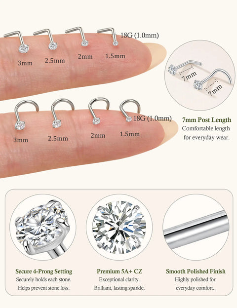 18G Titanium Nose Studs And Rings For Women And Men Includes L Shape And Corkscrew Styles displaying various gem sizes on finger.