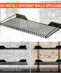 Beefy Heavy Duty Garage Wall Shelves 2 Pack 23.6 By 11.8 Inch Wall Mount Mesh Storage Racks for Garage Office Basement and Kitchen Holds Up to 65 Lbs Each Black, displayed on various wall types.