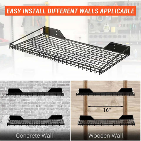 Beefy Heavy Duty Garage Wall Shelves 2 Pack 23.6 By 11.8 Inch Wall Mount Mesh Storage Racks for Garage Office Basement and Kitchen Holds Up to 65 Lbs Each Black, displayed on various wall types.