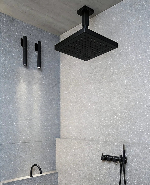 Square Shower Arm With Anti Scratch O Ring Flange 3 Inch Solid Brass Ceiling Mount Matte Black Installed in Bathroom