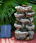 Solar Water Fountain Outdoor Garden 19.3 Inch Cascading Stone Design Five Tier Rock Feature Waterfalls With LED Lights