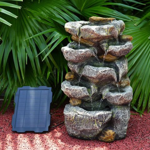 Solar Water Fountain Outdoor Garden 19.3 Inch Cascading Stone Design Five Tier Rock Feature Waterfalls With LED Lights