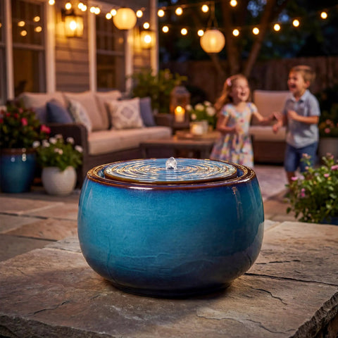 9 Inch Outdoor Ceramic Water Fountain With LED Light Round Bubbler Water Feature Eastern Style Waterfall Blue Garden Decor For Yard Patio Balcony Deck Porch on stone surface at night with children playing in background