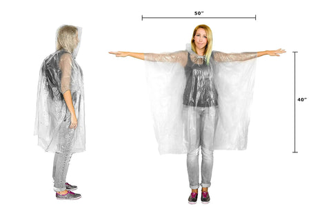 Adult wearing 50x40 inch transparent poncho from Family Rain Poncho Set For 2 Adults And 2 Kids, Storm-Ready Heavy-Duty All Weather Gear