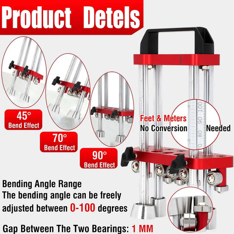 Sheet Metal Edge Roller Bender For 0-100 Degree Bends, showing 45/70/90 degree bends, all-metal construction, 7-inch roller, easy setup