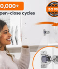 Person opening kitchen cabinet with 60 Pack Soft Close Cabinet Hinges For Kitchen Cabinets With Three Quarters Inch Overlay Face Frame Concealed Hidden Hinges In Stainless Steel Self Closing With Slow Close Damper And Three Way Adjustment