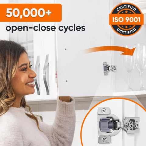 Person opening kitchen cabinet with 60 Pack Soft Close Cabinet Hinges For Kitchen Cabinets With Three Quarters Inch Overlay Face Frame Concealed Hidden Hinges In Stainless Steel Self Closing With Slow Close Damper And Three Way Adjustment