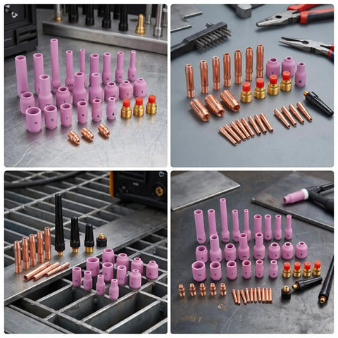 Get Your Tig Torch Running Smooth With This Ultimate Industrial Parts Accessory Kit, featuring pink ceramic nozzles and brass fittings.