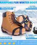 Winter Ice Cleats For Boots And Shoes With 10 Stainless Steel Spikes, shown on a boot in snow for traction support