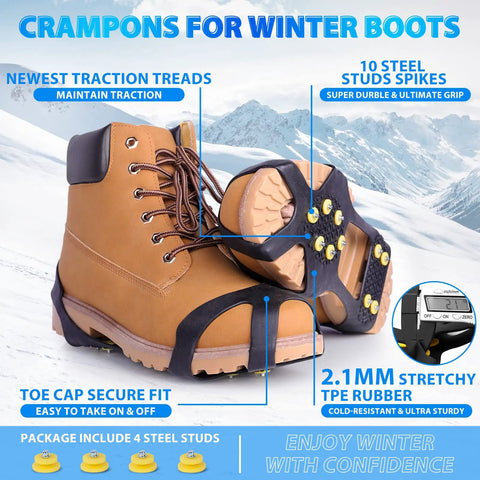 Winter Ice Cleats For Boots And Shoes With 10 Stainless Steel Spikes, shown on a boot in snow for traction support