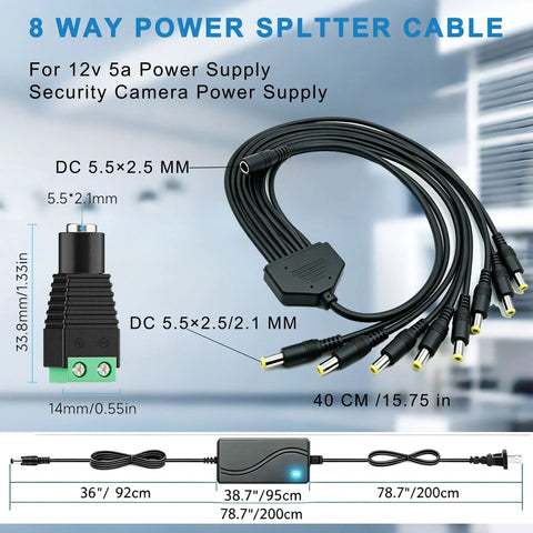 8-way splitter cable for 12V 5A CCTV Power Supply for Security Cameras, Worldwide 100 to 240V AC Input, DC 12V 5A Output, 60W Max