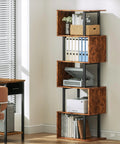 Top Shelf Six Tier Bookshelf With Sleek S Shaped Design, Rustic Brown Geometric Storage Rack in modern office setting.