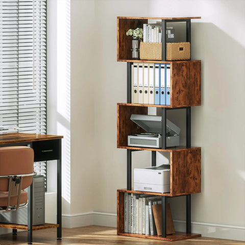Top Shelf Six Tier Bookshelf With Sleek S Shaped Design, Rustic Brown Geometric Storage Rack in modern office setting.