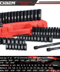 1/4 Inch Drive Impact Socket Set, 54-Piece, 6-Point Sockets For SAE And Metric, displayed with extension bars and adapter on case