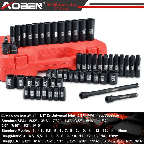 1/4 Inch Drive Impact Socket Set, 54-Piece, 6-Point Sockets For SAE And Metric, displayed with extension bars and adapter on case