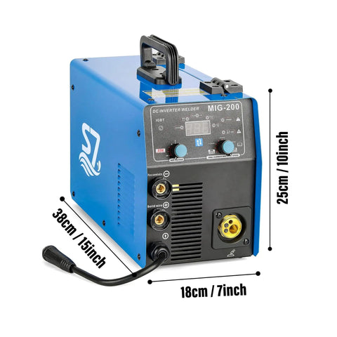 Side view of blue 200 Amp MIG Welder 110V 220V 4 In 1 Gas MIG Flux Core Lift TIG And Stick Welding Machine with digital display.