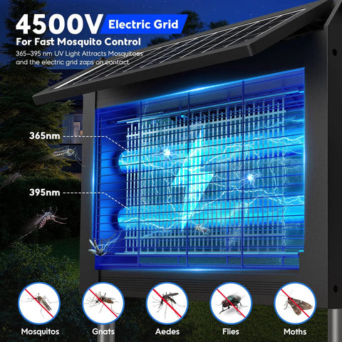 Dual Powered Mosquito Zapper With 4500V Electric Grid USB Recharge Auto On Off IPX5 Waterproof Outdoor Fly Trap For Backyard Patio Garden And Camping Covers Up To 2100 Sq Ft And Is A Beast At Killing Mosquitos Flies Gnats showing electric grid and solar panel, effective against mosquitoes, flies, gnats.