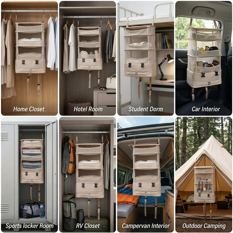 Travel Hanging Shelf Bag With 5 Tier Packing Cube Organizer in various settings like closet, car, and tent, showcasing versatility.