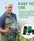 Man watering garden with 72 Piece No Fuss Garden Hose Quick Connector Kit Three Quarter Inch Plastic Water Hose Connectors in grey and green