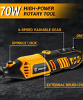170W high-power rotary tool with 6-speed variable gear, spindle lock, and brush cover. Go-To Power Hand Rotary Tool Kit With Variable Speed 8000 To 35000 RPM, Flex Shaft Attachment, Electric Grinder Drill Set For Wood Metal Carving Cutting Sanding Polishing Engraving And Detail Work.
