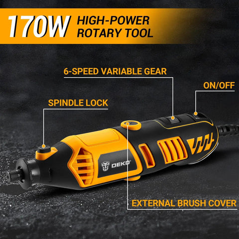 170W high-power rotary tool with 6-speed variable gear, spindle lock, and brush cover. Go-To Power Hand Rotary Tool Kit With Variable Speed 8000 To 35000 RPM, Flex Shaft Attachment, Electric Grinder Drill Set For Wood Metal Carving Cutting Sanding Polishing Engraving And Detail Work.