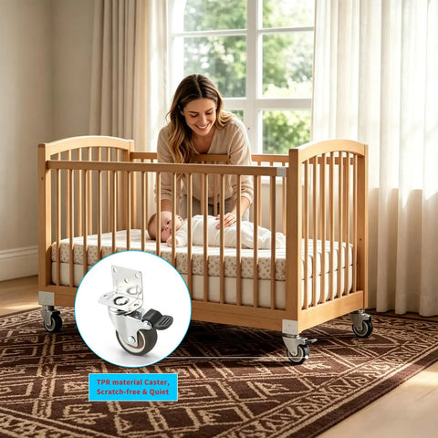 Smooth Rollin 1.25 Inch Rubber Side Mount Caster Wheels L Shaped Plate for crib use, showcasing TPR material, scratch-free design.