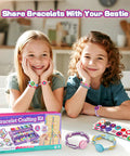Two girls smiling with All In One Friendship Bracelet Kit for Girls Ages 8 to 12 with 3 layer storage box on table.