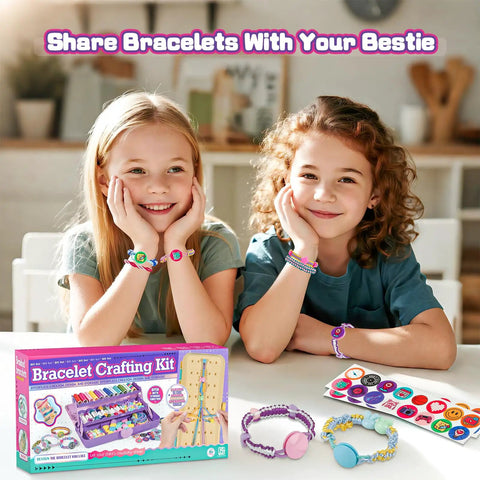 Two girls smiling with All In One Friendship Bracelet Kit for Girls Ages 8 to 12 with 3 layer storage box on table.