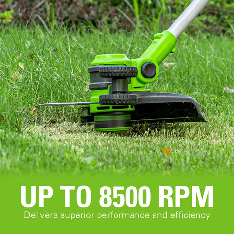 Real Deal Twenty Four Volt Twelve Inch Cordless String Trimmer And Two In One Lawn Edger cutting grass with precision in yard.