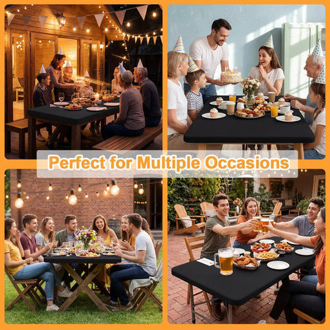 2 Pack Rectangle Fitted Table Covers For 6 Foot Tables 30 Inches Wide By 72 Inches Long Stretchy Black Spandex Polyester Washable And Wrinkle Resistant Tablecloth For Indoor Outdoor Parties Picnics And Events Go To Table Setup displayed at various gatherings