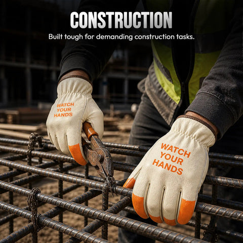 Hi Vis Leather Work Gloves With Orange Tips For Extra Large Hands, Watch Your Hands, Split Cowhide Leather With Keystone Thumb, Industrial Grade