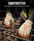 Heavy Duty Leather Driver Work Gloves Flame Resistant Unlined Gunn Cut Cowhide Built For The Daily Jobsite Grind in use on construction site.