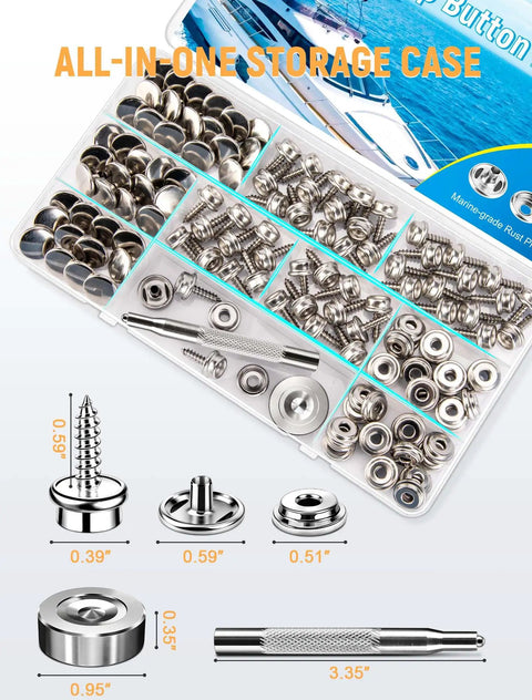Marine Grade Canvas Snap Button Kit 150 Pcs Stainless Steel Snap Fasteners with socket screws in open case