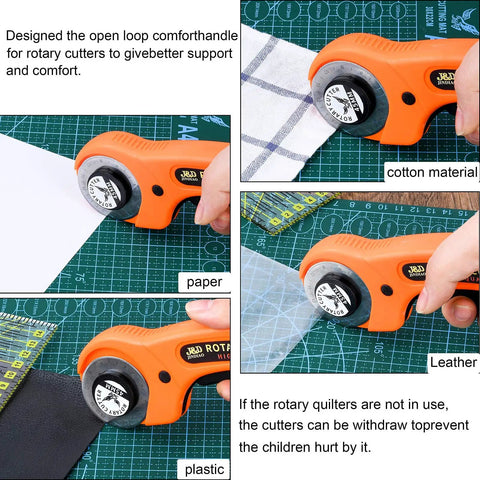 All In One Do It All Rotary Cutter Kit For Sewing And Quilting 104Pcs Includes 45Mm Cutter With 8 Extra Blades shown cutting materials