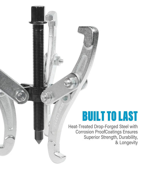 Beefy Heavy Duty Gear Puller Set With 3 Jaw Pullers for Flywheels Pulleys and Gears, drop forged carbon steel, close-up view.