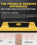 ProSensor 710 Plus Stud Finder With 13 Sensors showing scanning technology for wood and metal detection on drywall.