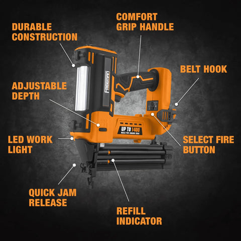 20 Volt Cordless 18-Gauge 2-Inch Brad Nailer Tool Only For Pros And DIYers with features labeled on the tool