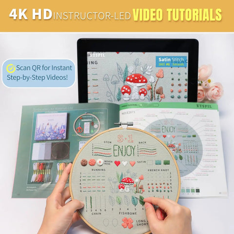 Beginner Embroidery Kit With Magnetic Needle Minder, 4K Video Tutorials, Pre Printed Floral Patterns, Bound Guide in use