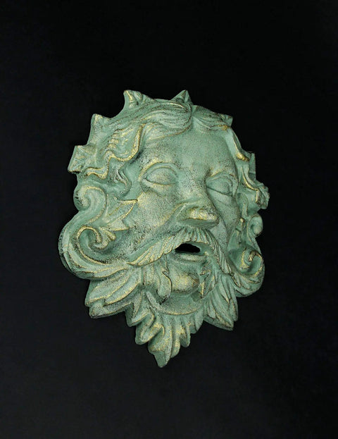Heavy Duty Cast Iron Celtic Green Man Wall Plaque Sporting A Dead Cool Antiqued Verdigris Finish Standing Ten Inches Tall, detailed design.