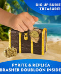 Hand digging into treasure chest from Pirate Adventure Activity Kit For Kids Hands On Treasure Digging Craft A Pirate Hat And Map With Spyglass Compass Telescope And Real Treasure Replicas Includes Doubloon And Pyrite STEM Toys
