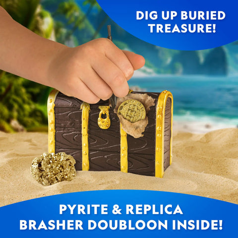 Hand digging into treasure chest from Pirate Adventure Activity Kit For Kids Hands On Treasure Digging Craft A Pirate Hat And Map With Spyglass Compass Telescope And Real Treasure Replicas Includes Doubloon And Pyrite STEM Toys