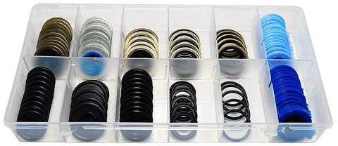 Assorted gaskets in compartment box from 100Pcs 12 Types Metal And Rubber Drain Plug Gasket Set With 12 Sizes For Cars And Trucks