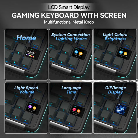 Hella Smooth Tri Mode Wireless Mechanical Keyboard With Smart Lcd Panel showing LCD display features like light colors and volume control.